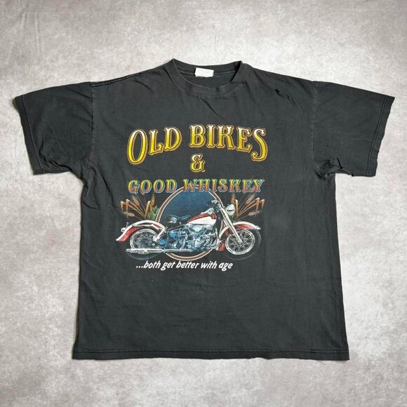 Vintage Black Graphic Tee “Old Bikes & Good Whiskey” - Picture 1 of 7